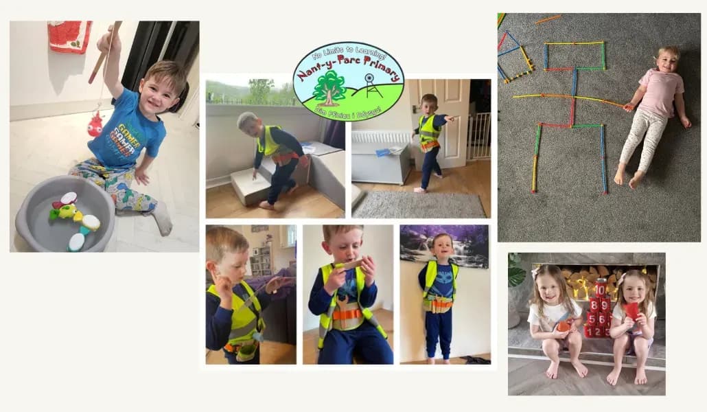 Collage of families exploring play bag activities together