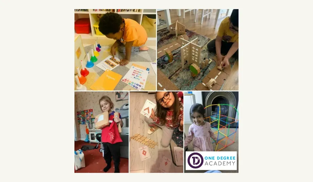 Collage of children playing with wooden blocks and toys at home